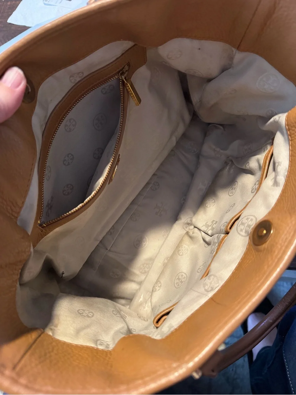 Tory Burch Tan Pebbled Leather Tote with Logo Medallion